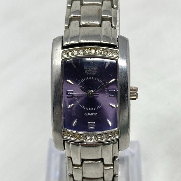 Paolo Tank Watch Women 20mm Silver Tone Purple Dial Crystals Pave New Batt 6.5" - Picture 3 of 16
